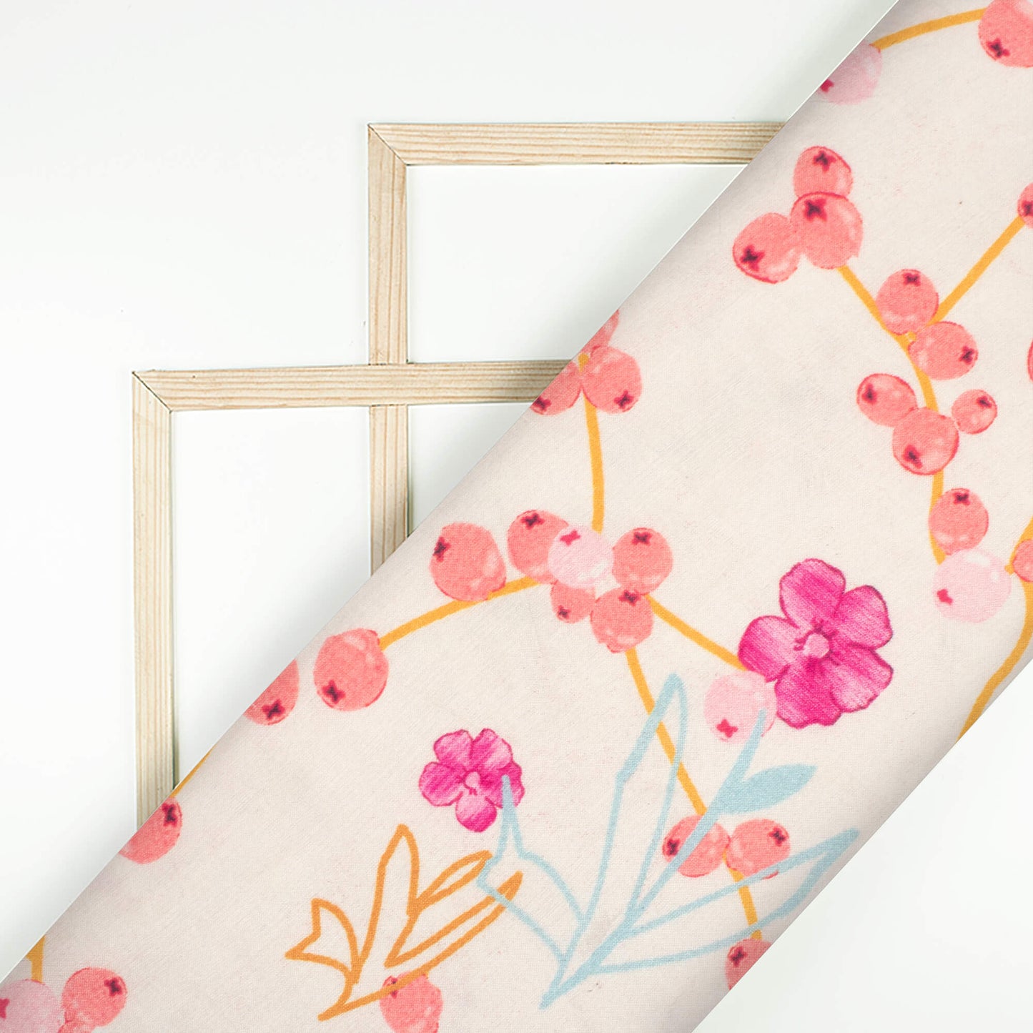 Ivory Cream And Salmon Pink Floral Pattern Digital Print Viscose Muslin Fabric