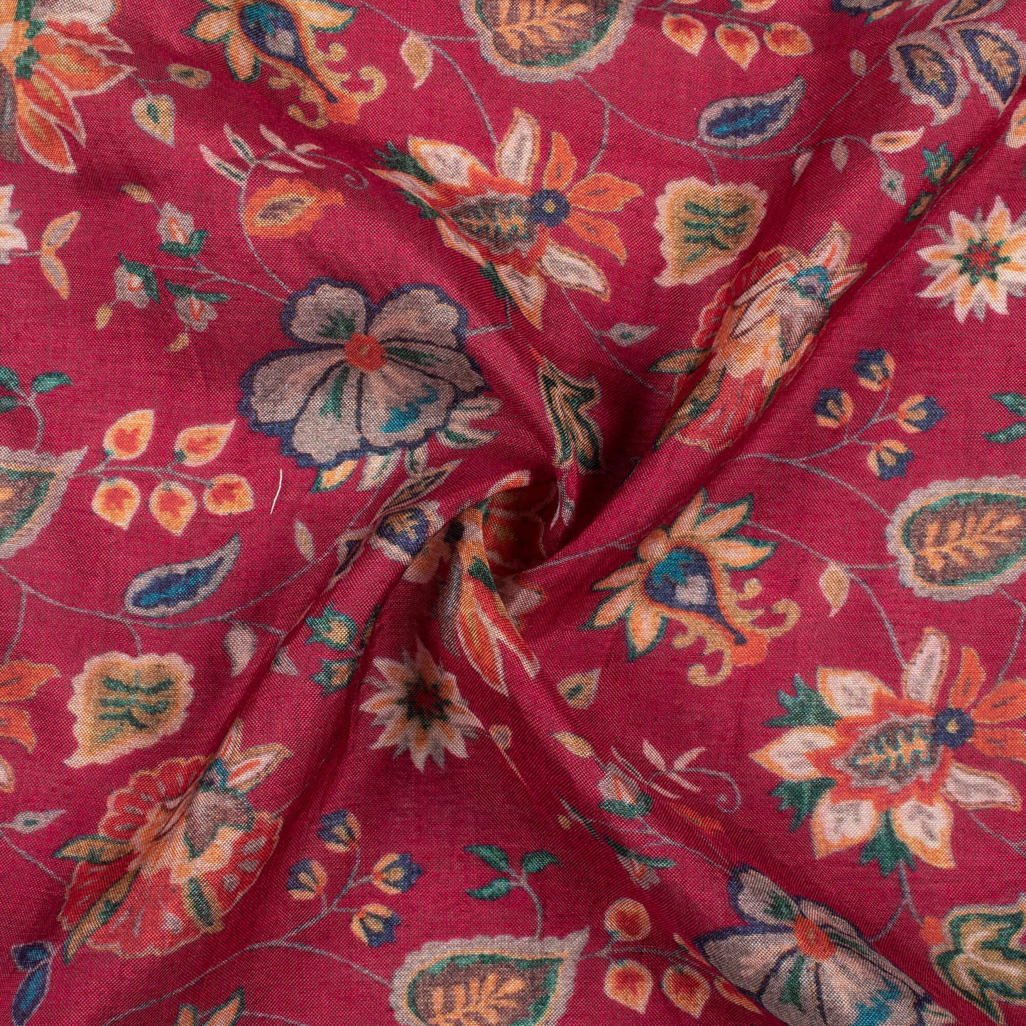 Carmine Red And Green Floral Pattern Digital Print Viscose Muslin Fabric