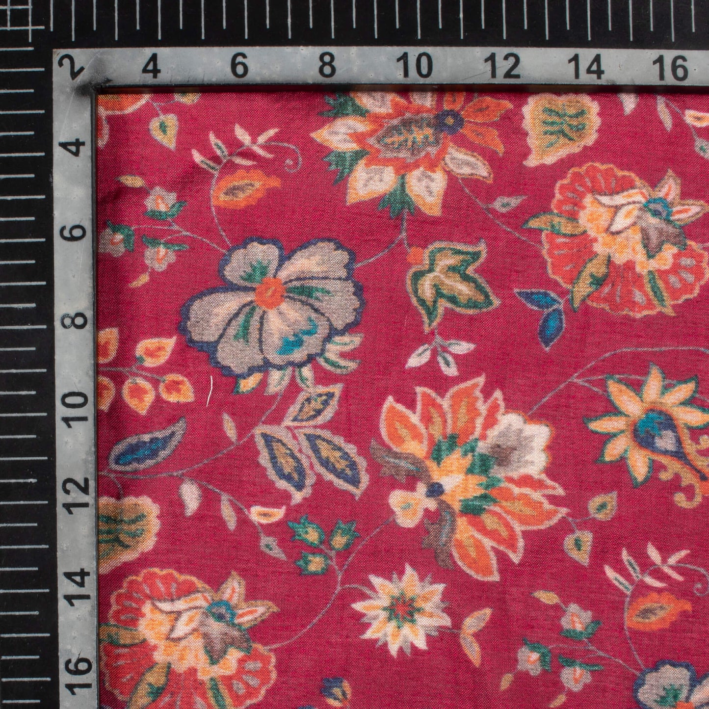 Carmine Red And Green Floral Pattern Digital Print Viscose Muslin Fabric