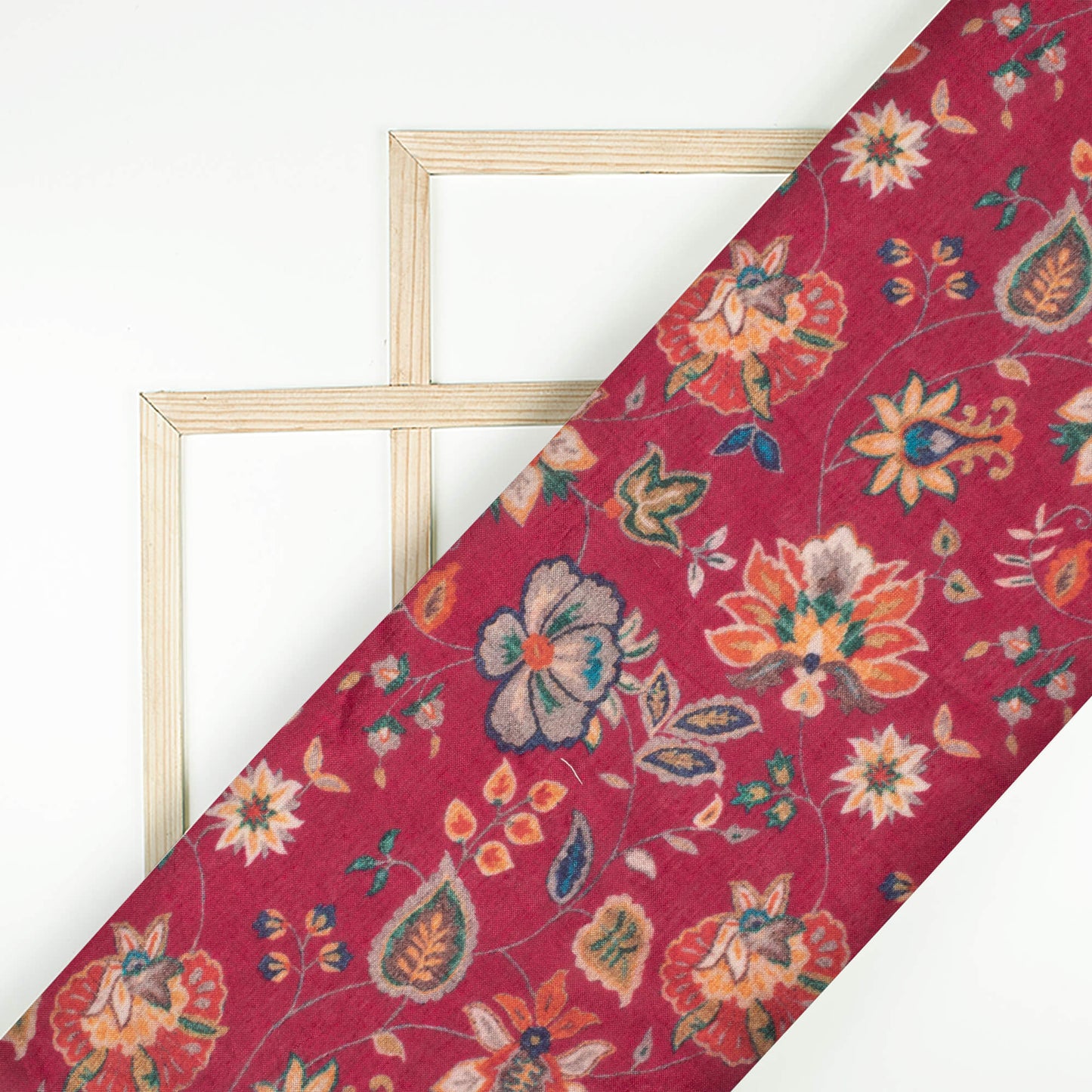 Carmine Red And Green Floral Pattern Digital Print Viscose Muslin Fabric