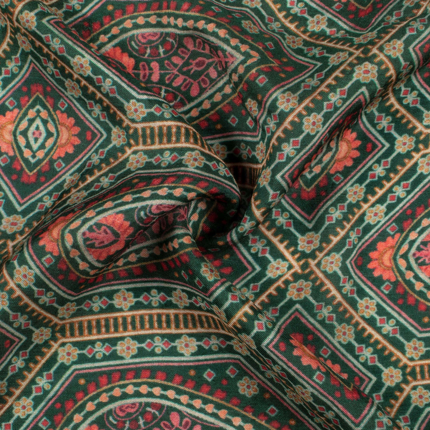 Forest Green And Blood Red Traditional Pattern Digital Print Viscose Muslin Fabric