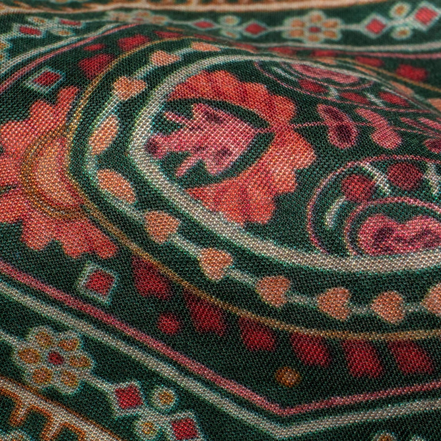 Forest Green And Blood Red Traditional Pattern Digital Print Viscose Muslin Fabric