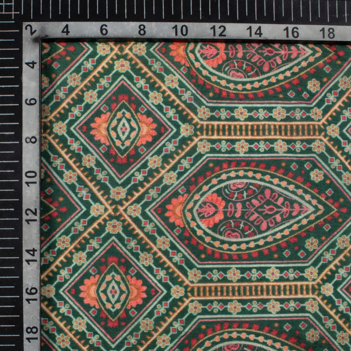 Forest Green And Blood Red Traditional Pattern Digital Print Viscose Muslin Fabric