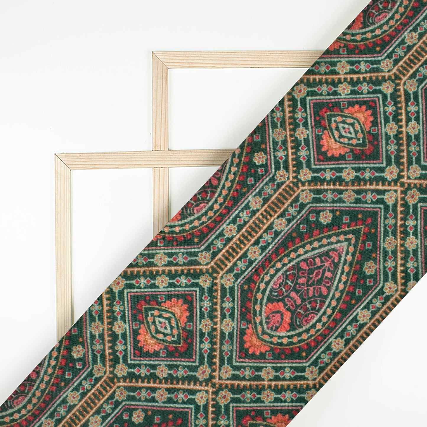 Forest Green And Blood Red Traditional Pattern Digital Print Viscose Muslin Fabric