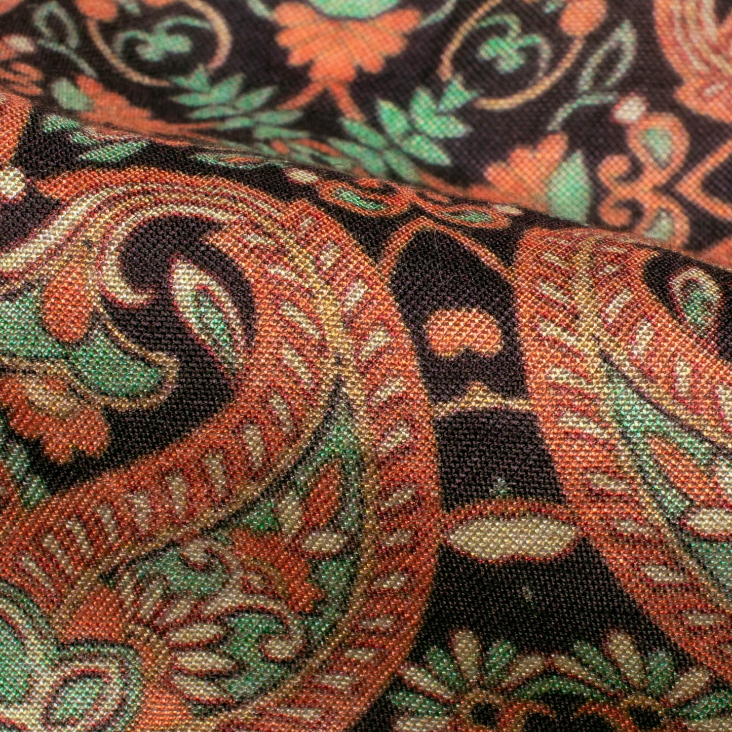 Fern Green And Melon Orange Paisley Pattern Digital Print Viscose Muslin Fabric