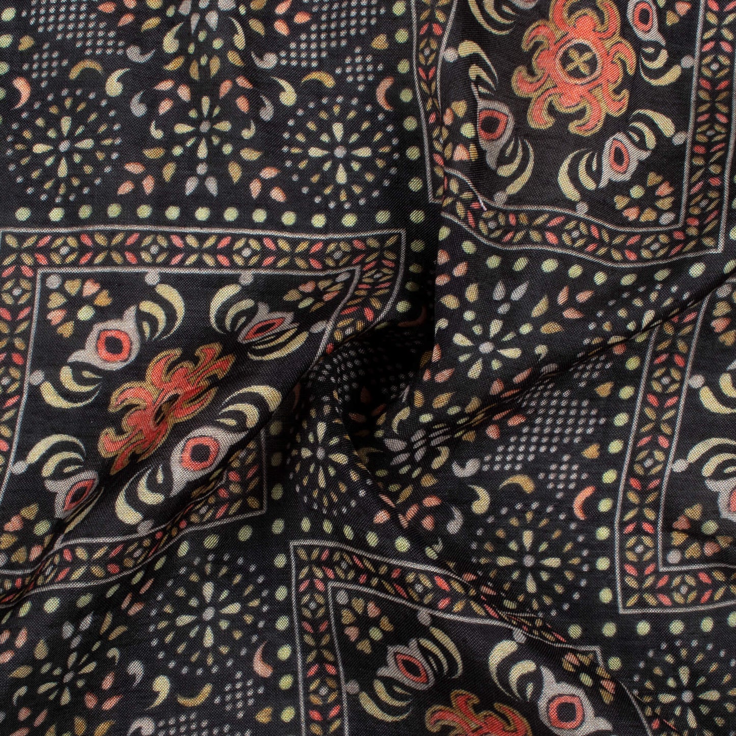 Black And Coral Peach Ethnic Pattern Digital Print Viscose Muslin Fabric