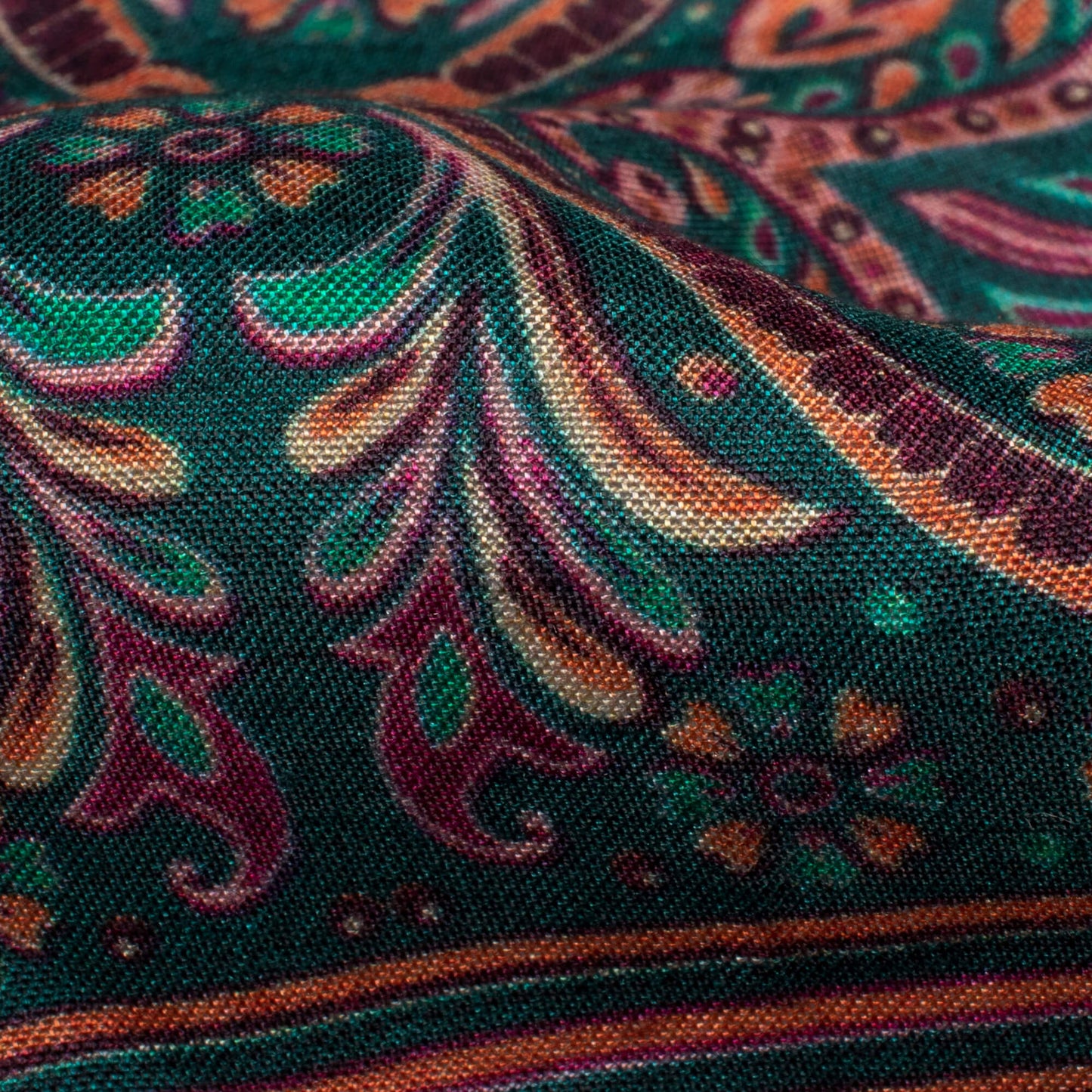 Pine Green And Melon Orange Ethnic Pattern Digital Print Viscose Muslin Fabric