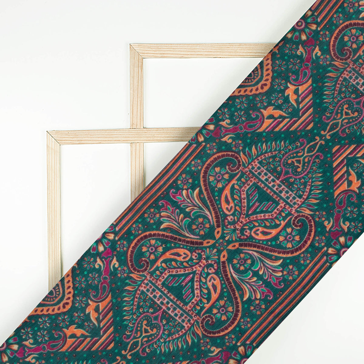 Pine Green And Melon Orange Ethnic Pattern Digital Print Viscose Muslin Fabric