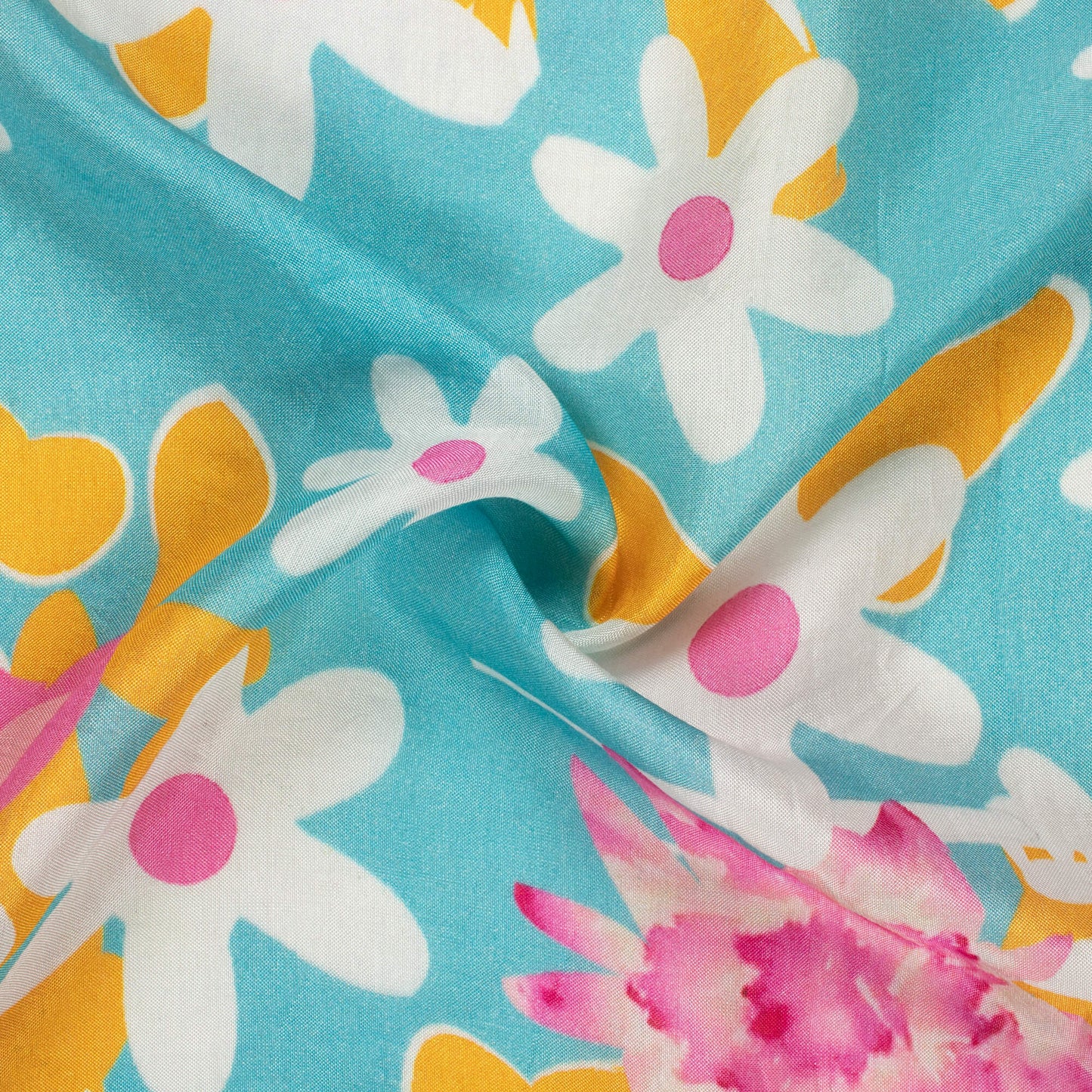 Sky Blue And Mustard Yellow Floral Pattern Digital Print Viscose Muslin Fabric
