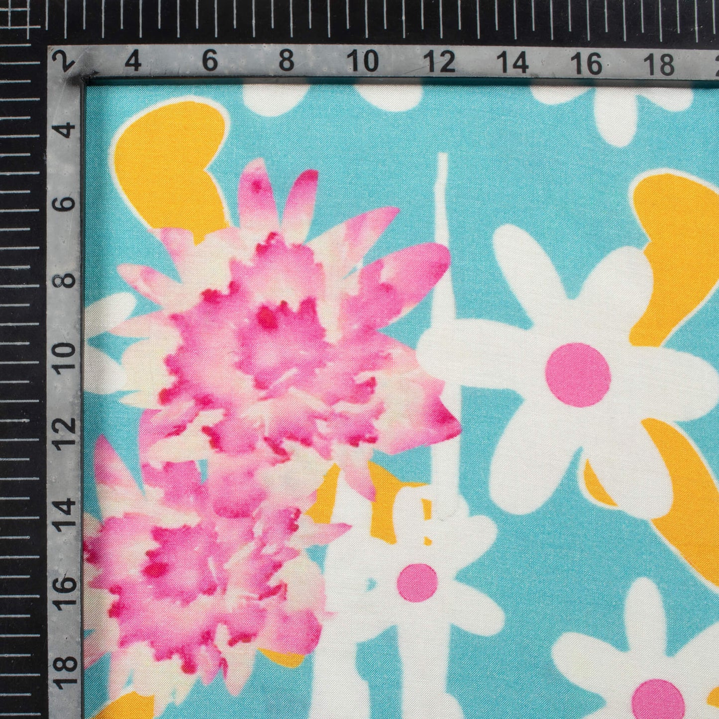 Sky Blue And Mustard Yellow Floral Pattern Digital Print Viscose Muslin Fabric