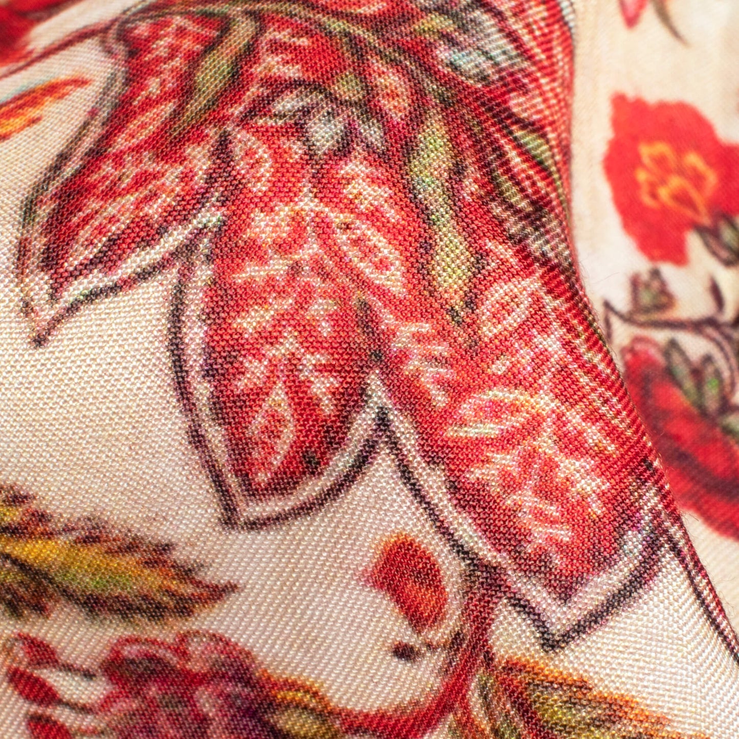 Off White And Blood Red Floral Pattern Digital Print Viscose Muslin Fabric