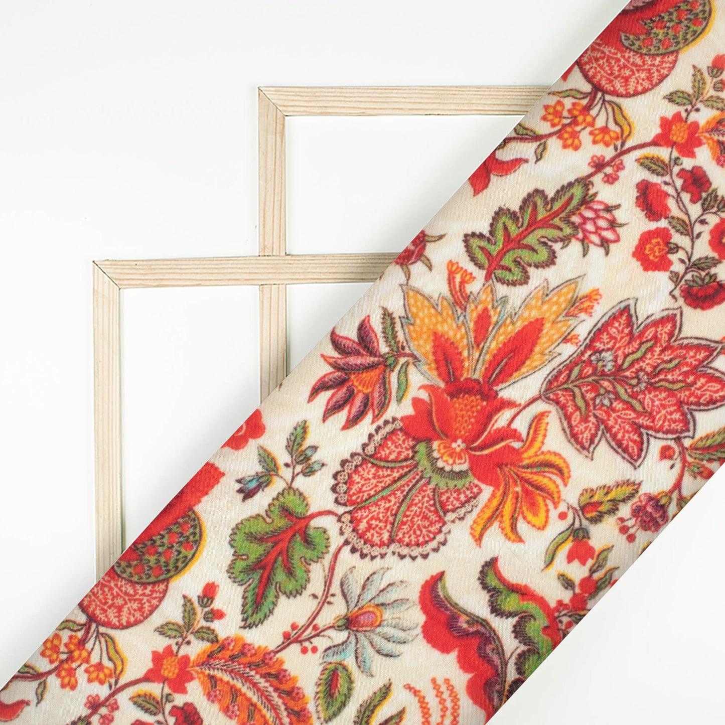 Off White And Blood Red Floral Pattern Digital Print Viscose Muslin Fabric