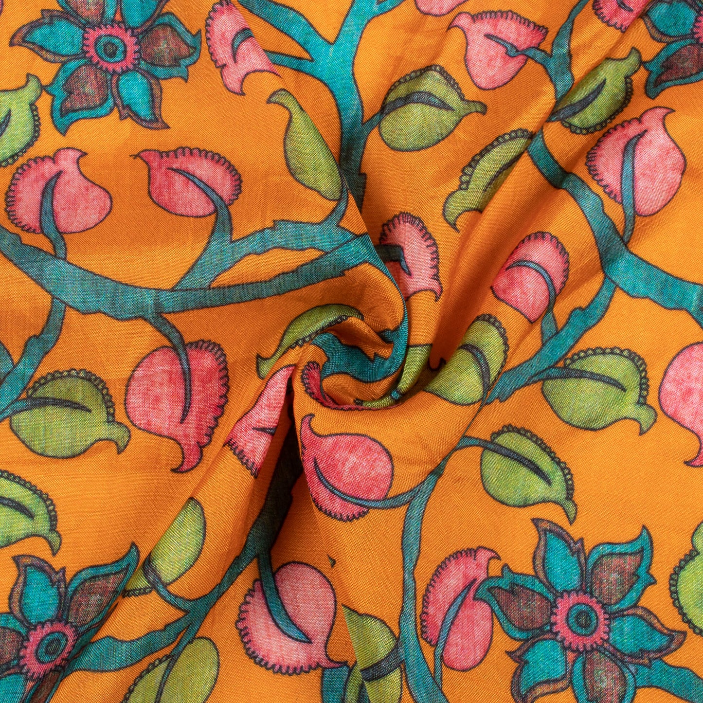 Ochre Orange And Taffy Pink Kalamkrii Pattern Digital Print Viscose Muslin Fabric