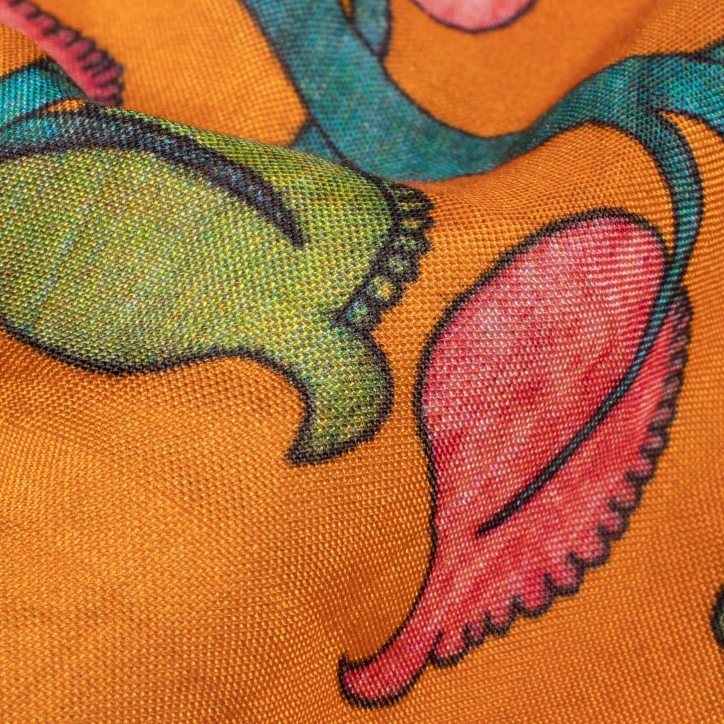 Ochre Orange And Taffy Pink Kalamkrii Pattern Digital Print Viscose Muslin Fabric