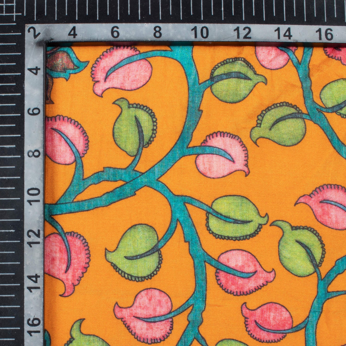 Ochre Orange And Taffy Pink Kalamkrii Pattern Digital Print Viscose Muslin Fabric