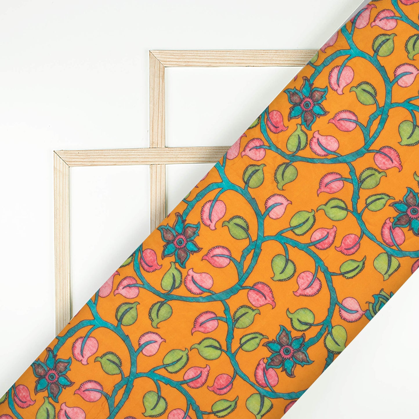 Ochre Orange And Taffy Pink Kalamkrii Pattern Digital Print Viscose Muslin Fabric