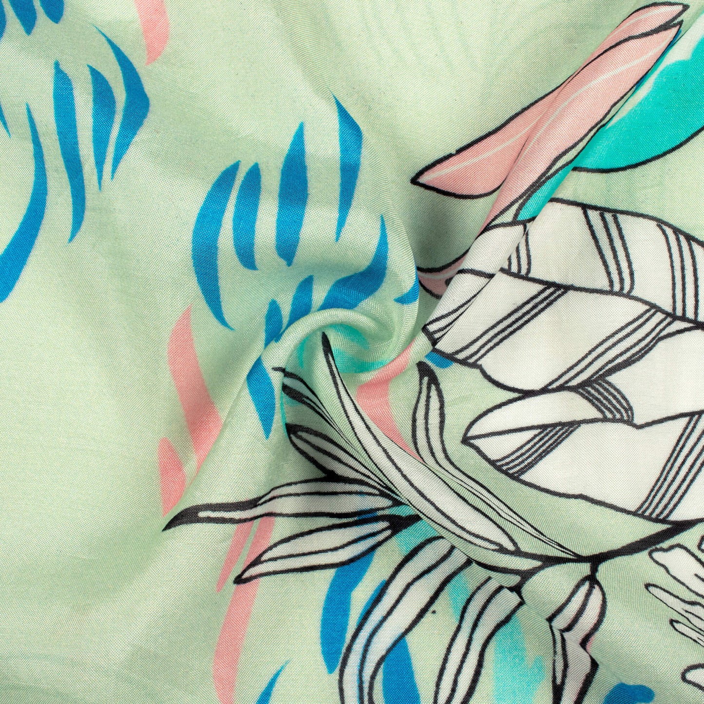 Tea Green And White Leaf Pattern Digital Print Viscose Muslin Fabric
