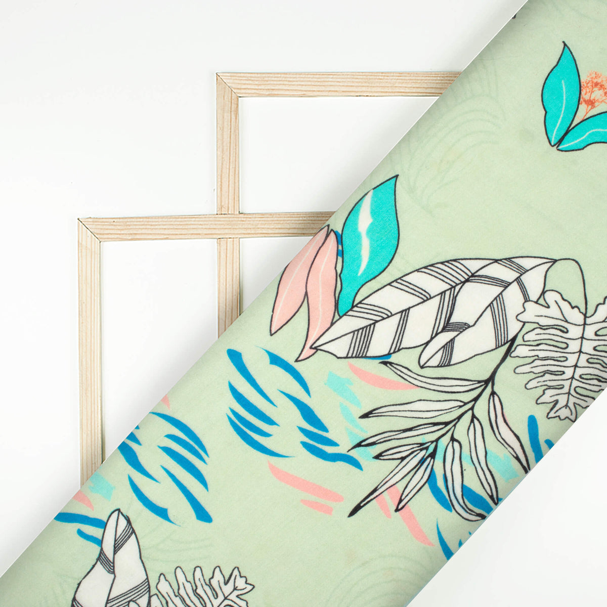 Tea Green And White Leaf Pattern Digital Print Viscose Muslin Fabric