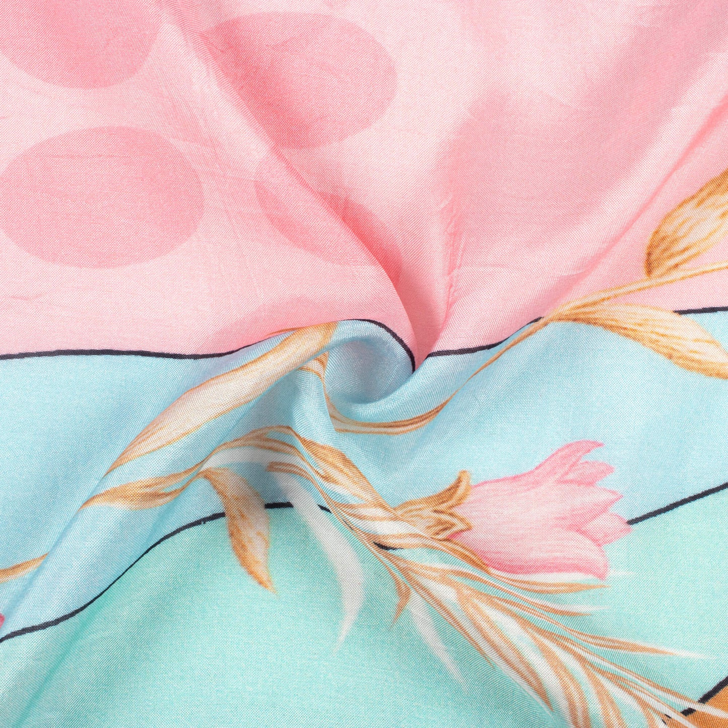 Baby Pink And Sky Blue Leaf Pattern Digital Print Viscose Muslin Fabric