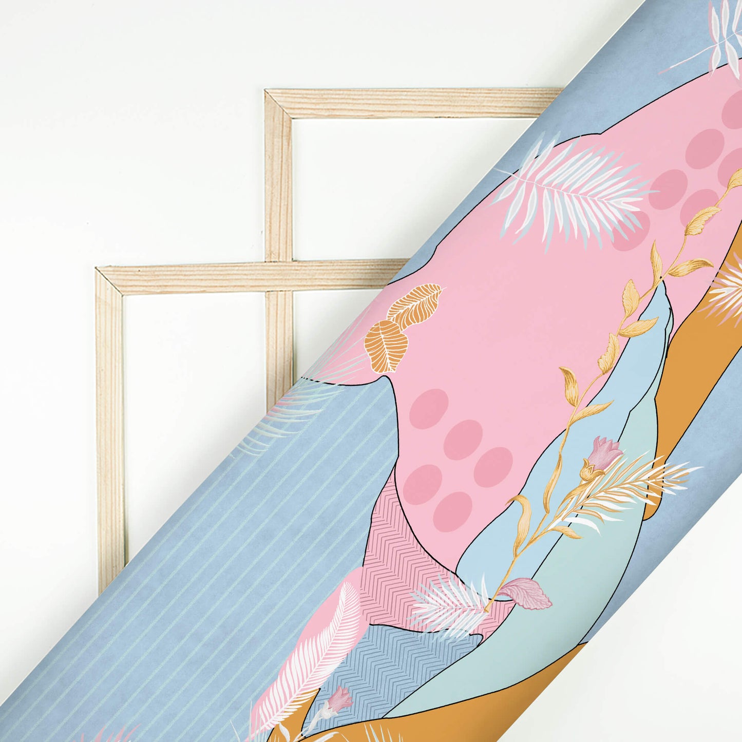 Baby Pink And Sky Blue Leaf Pattern Digital Print Viscose Muslin Fabric