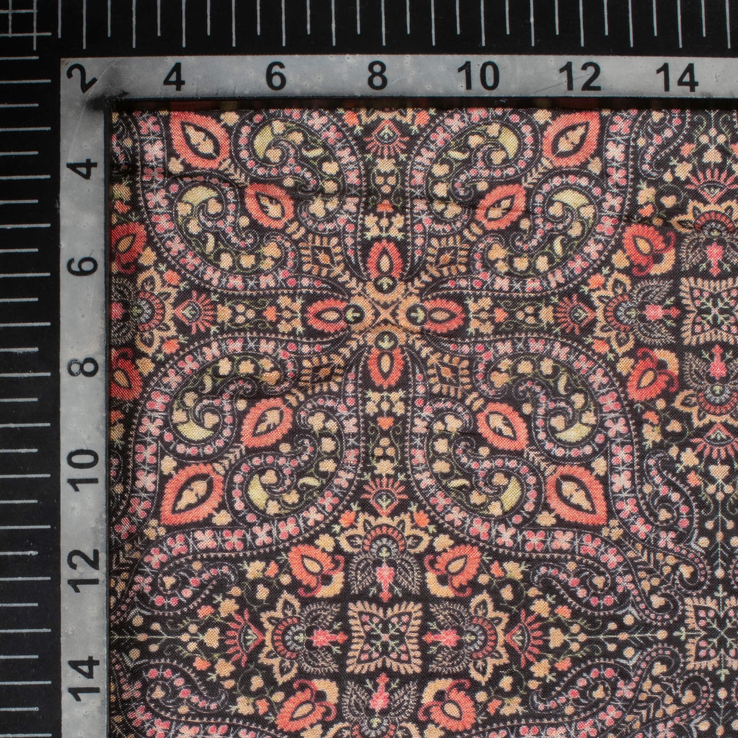 Dark Blue And Coral Peach Traditional Pattern Digital Print Viscose Muslin Fabric