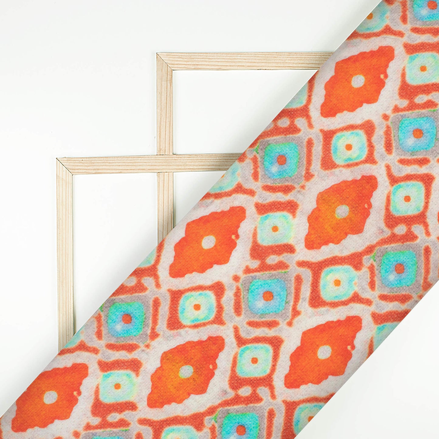 Burnt Orange And Sky Blue Trellis Pattern Digital Print Viscose Muslin Fabric