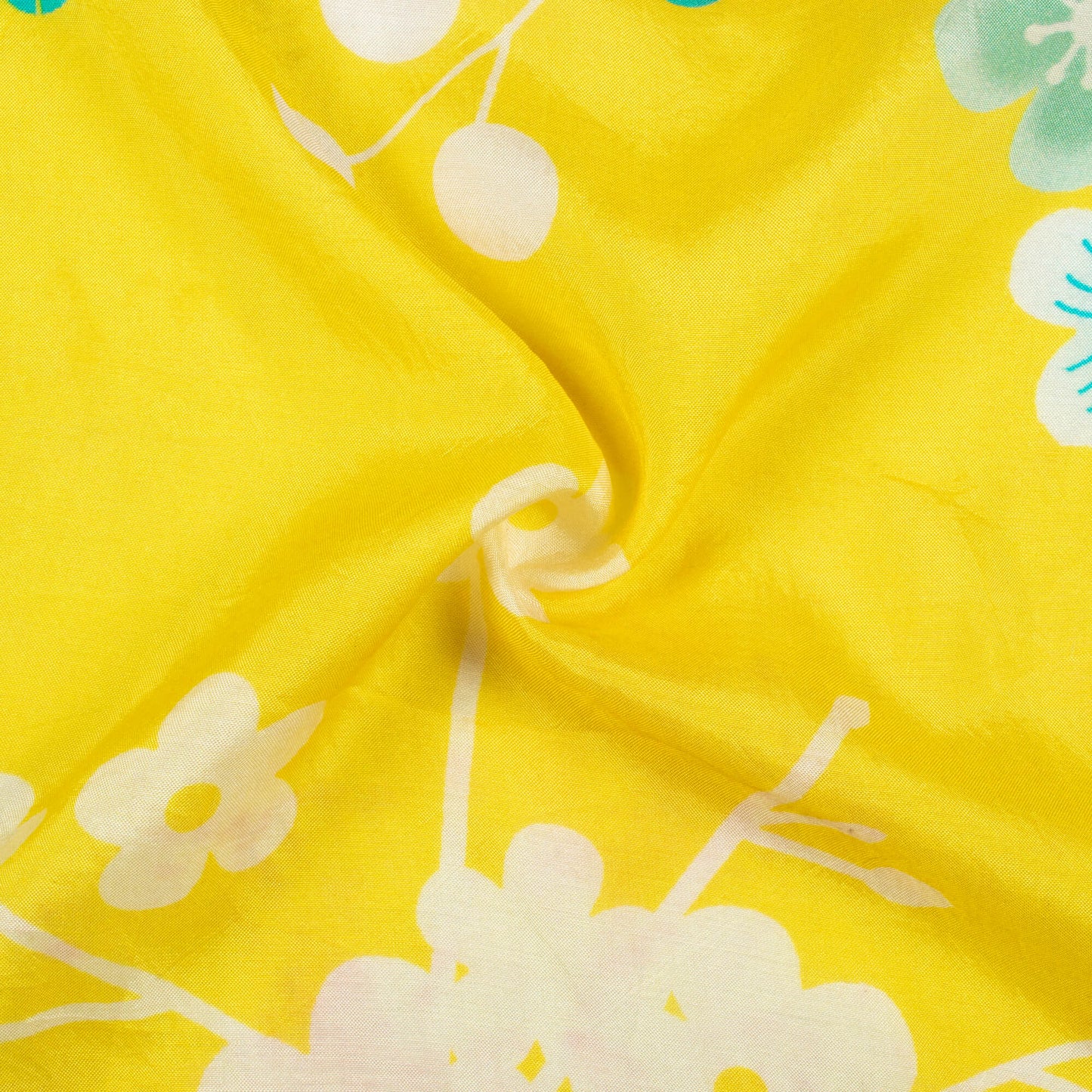 Bumblebee Yellow And Teal Green Floral Pattern Digital Print Viscose Muslin Fabric