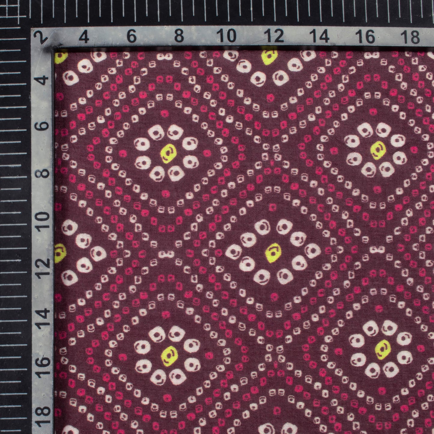 Magenta Purple And White Bandhani Pattern Digital Print Viscose Muslin Fabric