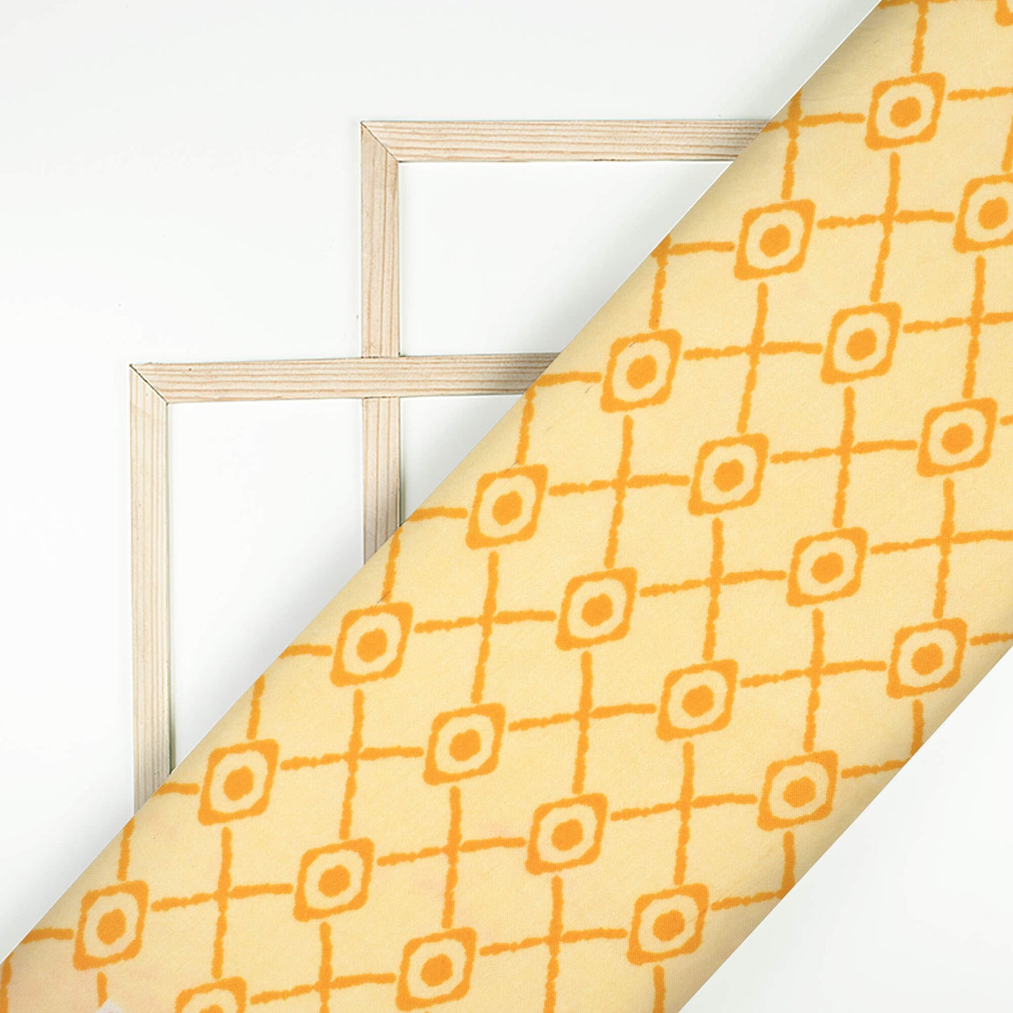 Pastel Mustard Yellow And Orange Geometric Pattern Digital Print Viscose Muslin Fabric