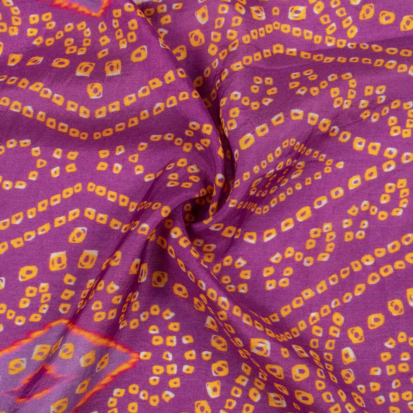 Royal Purple And Pastel Orange Bandhanii Pattern Digital Print Viscose Muslin Fabric