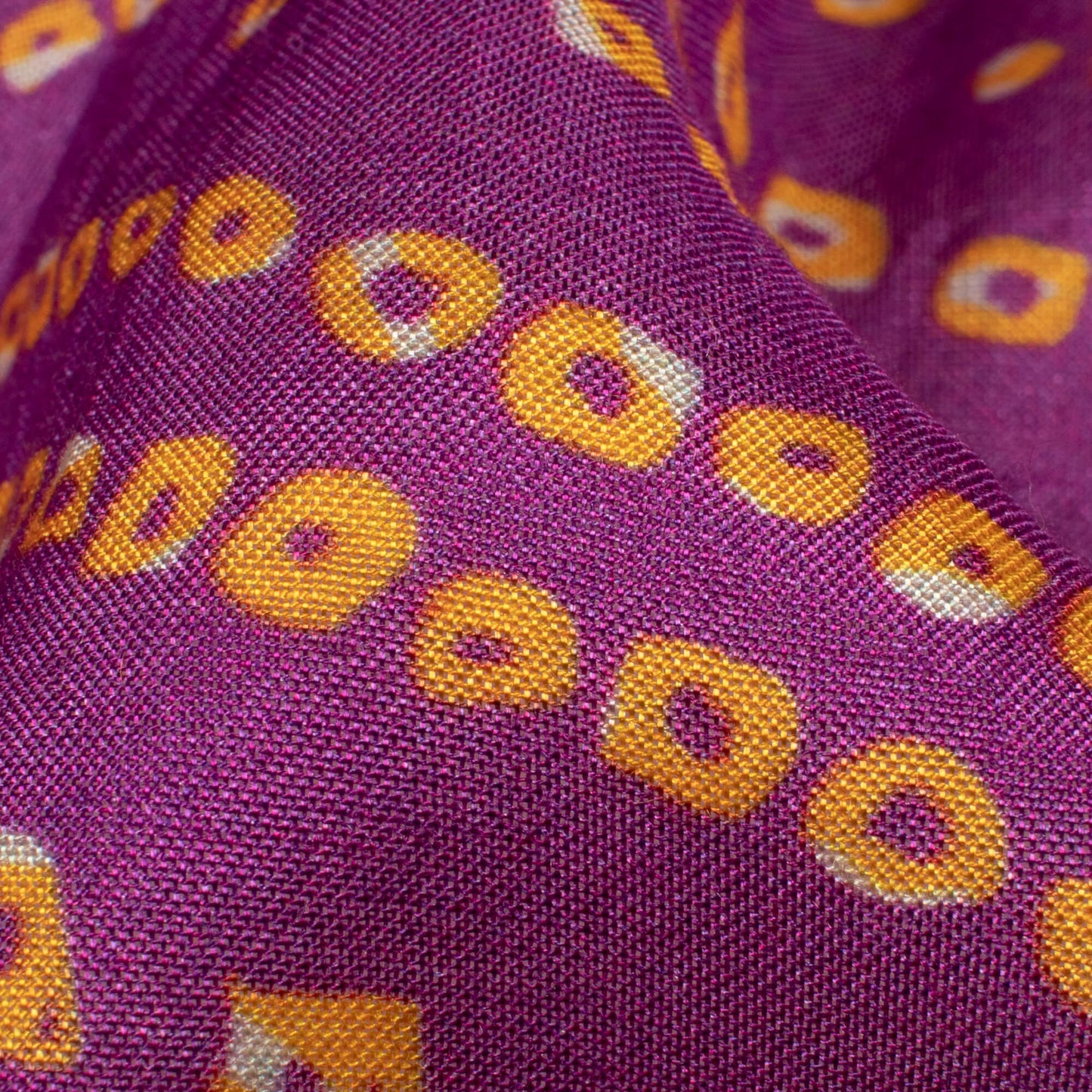 Royal Purple And Pastel Orange Bandhanii Pattern Digital Print Viscose Muslin Fabric
