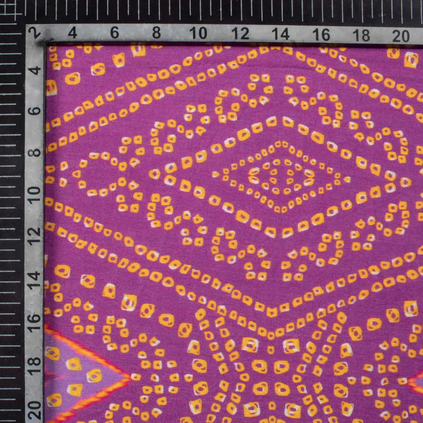 Royal Purple And Pastel Orange Bandhanii Pattern Digital Print Viscose Muslin Fabric