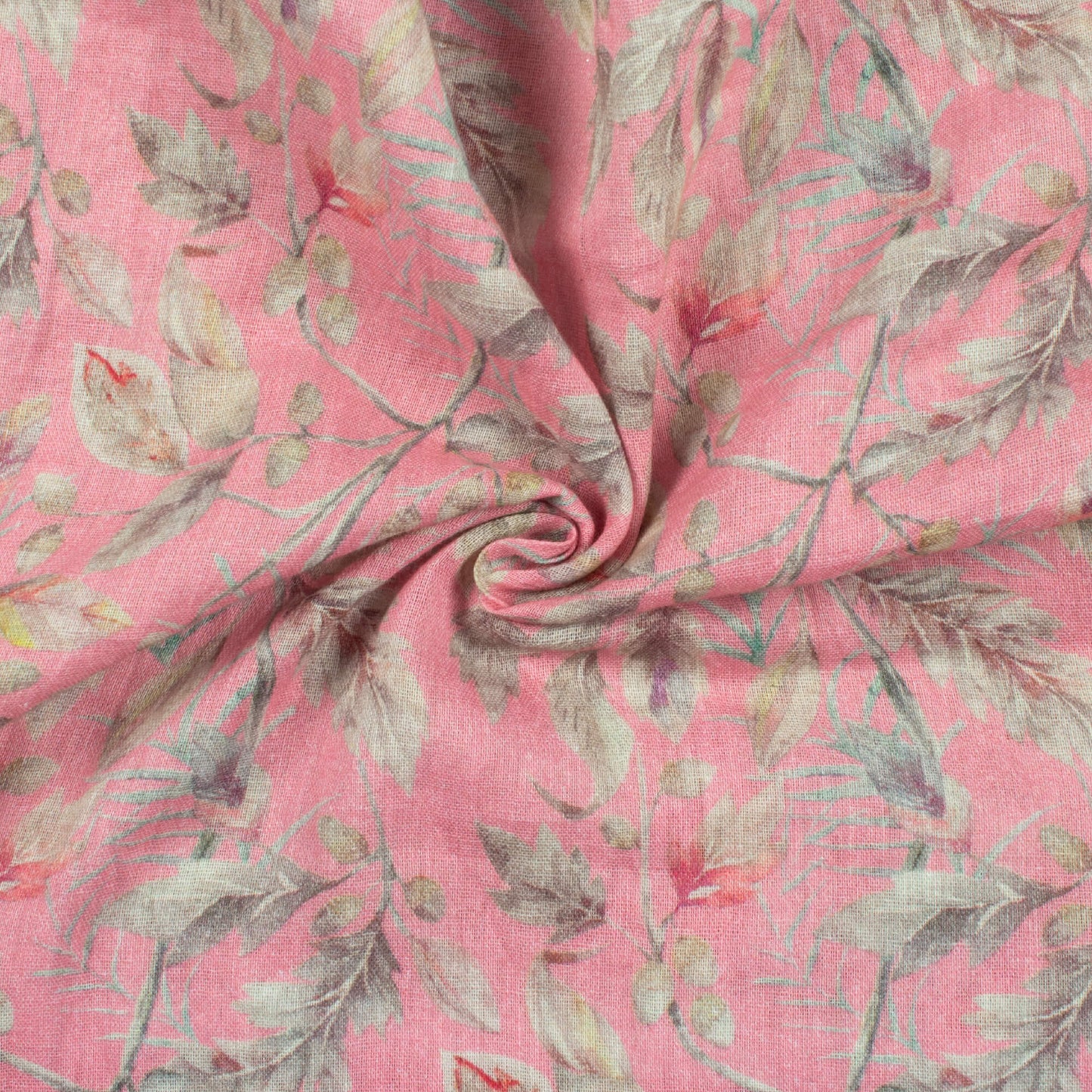 Carnation Pink And Dolphin Grey Leaf Pattern Digital Print Pure Cotton Mulmul Fabric