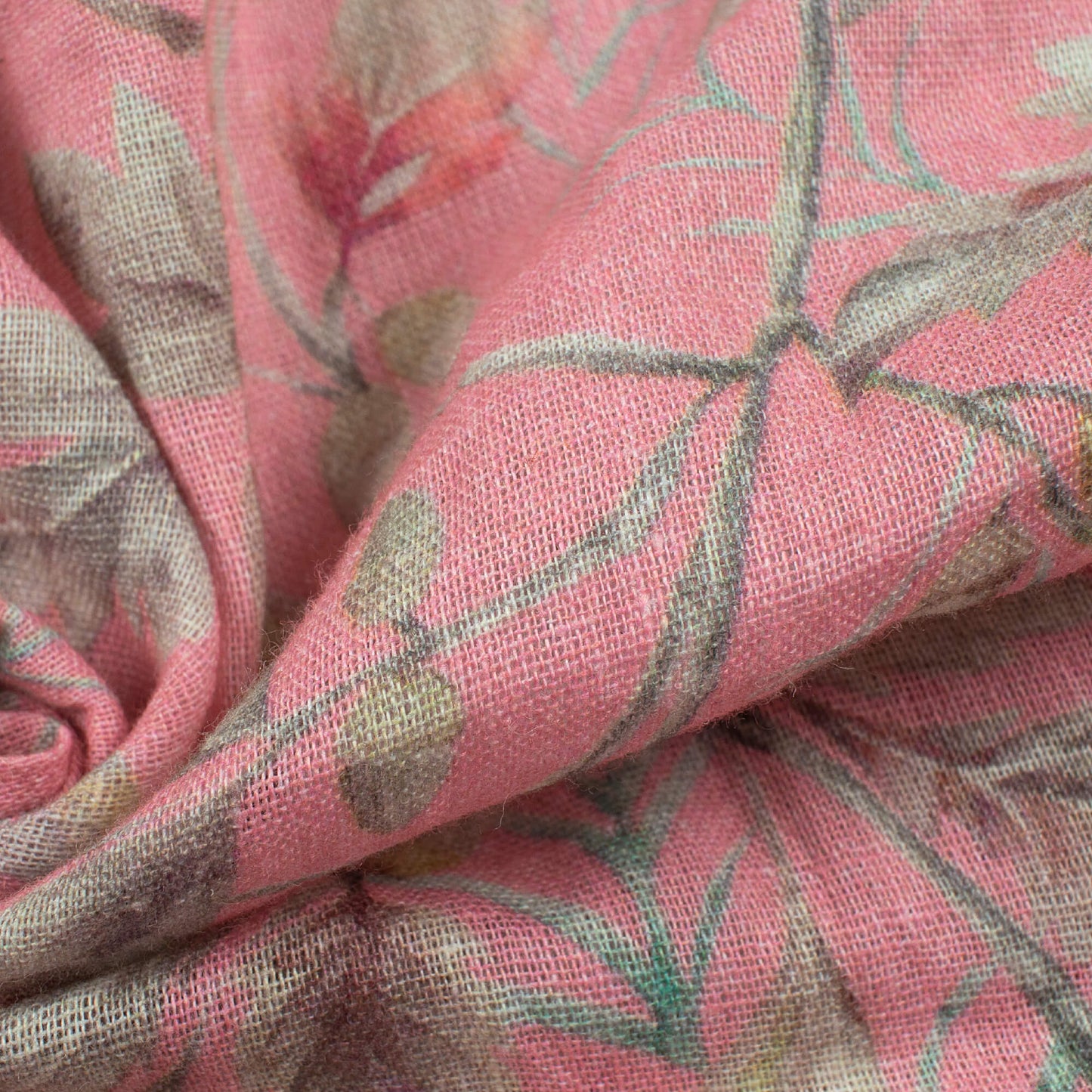 Carnation Pink And Dolphin Grey Leaf Pattern Digital Print Pure Cotton Mulmul Fabric