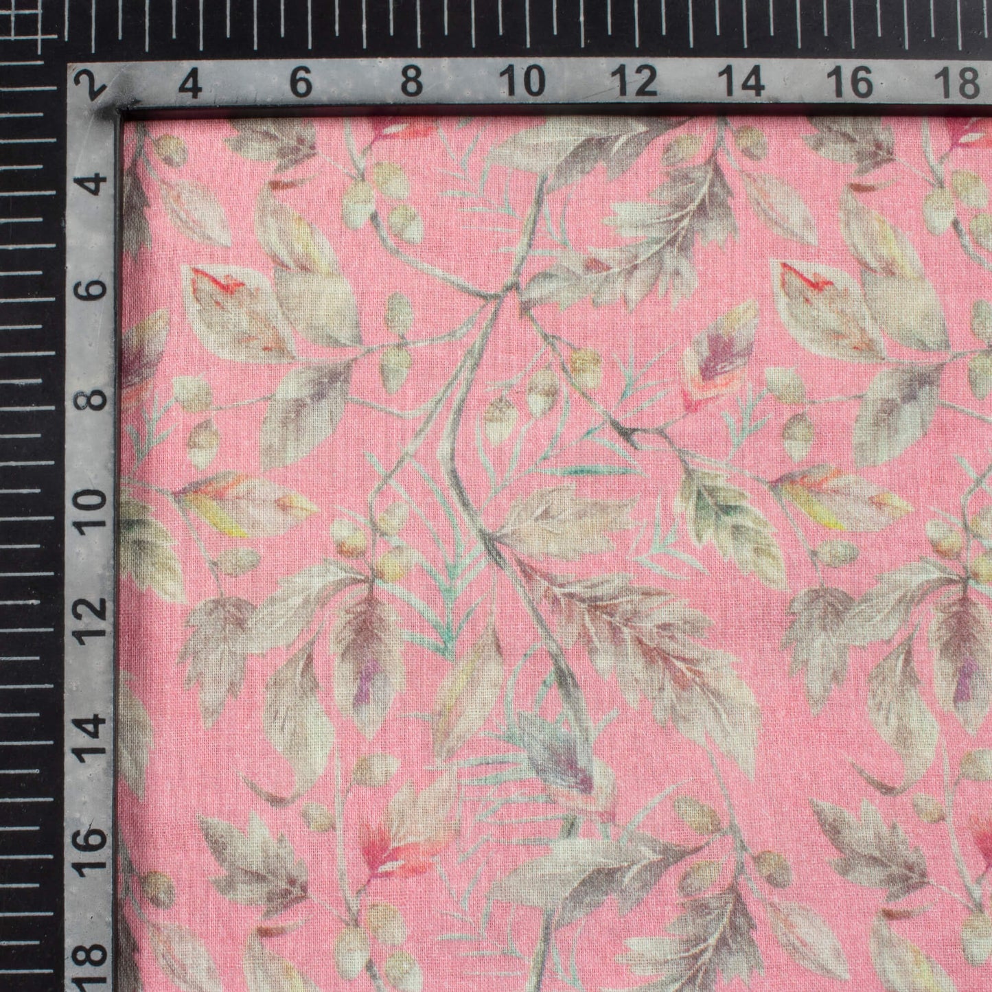 Carnation Pink And Dolphin Grey Leaf Pattern Digital Print Pure Cotton Mulmul Fabric