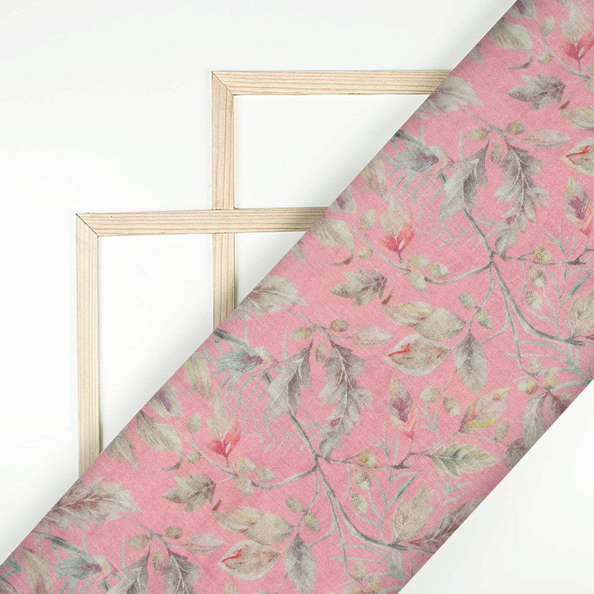 Carnation Pink And Dolphin Grey Leaf Pattern Digital Print Pure Cotton Mulmul Fabric