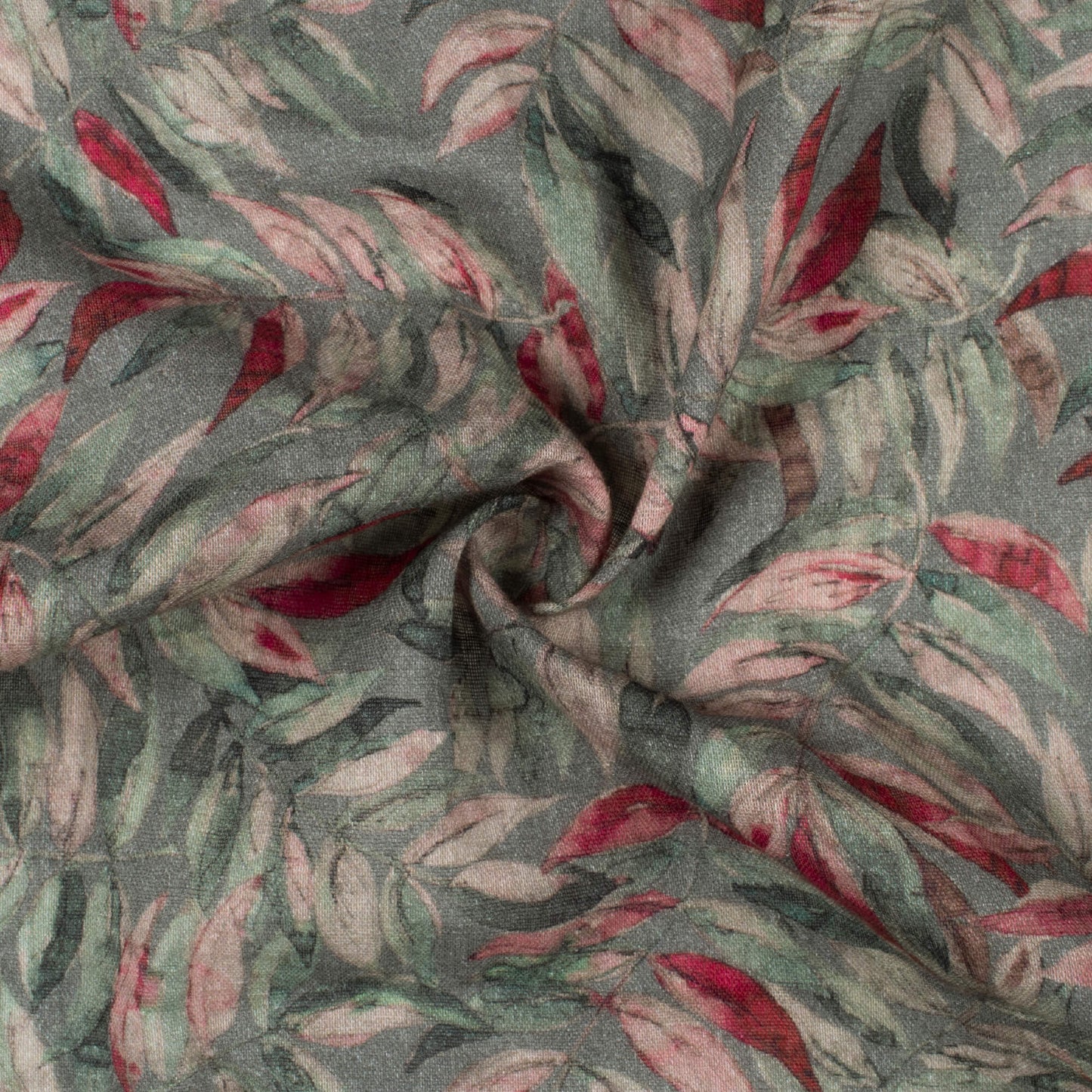 Charcoal Grey And Red Leaf Pattern Digital Print Pure Cotton Mulmul Fabric