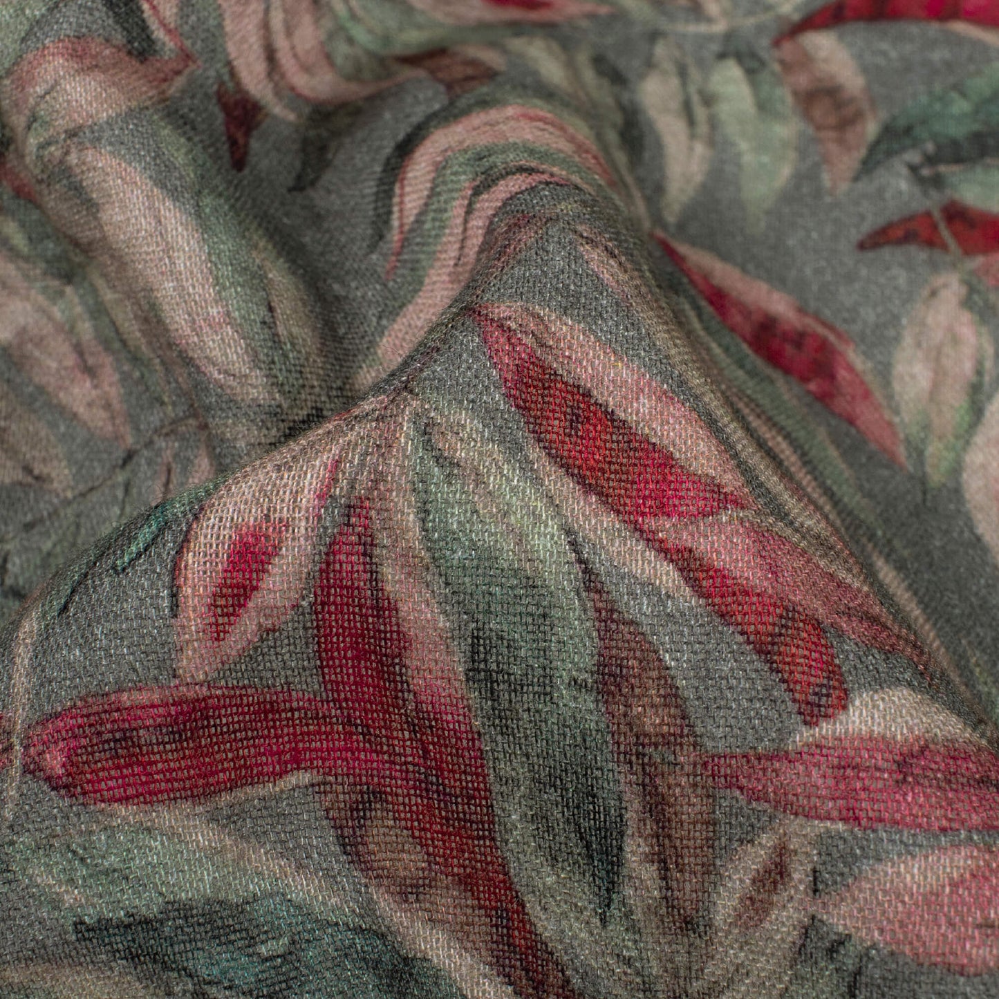 Charcoal Grey And Red Leaf Pattern Digital Print Pure Cotton Mulmul Fabric