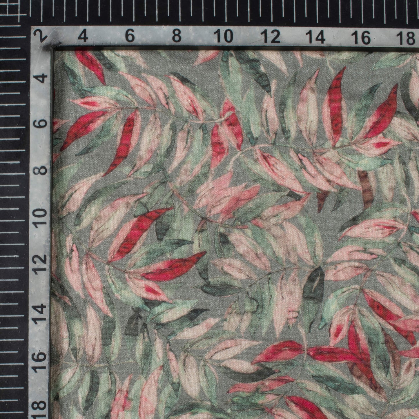 Charcoal Grey And Red Leaf Pattern Digital Print Pure Cotton Mulmul Fabric