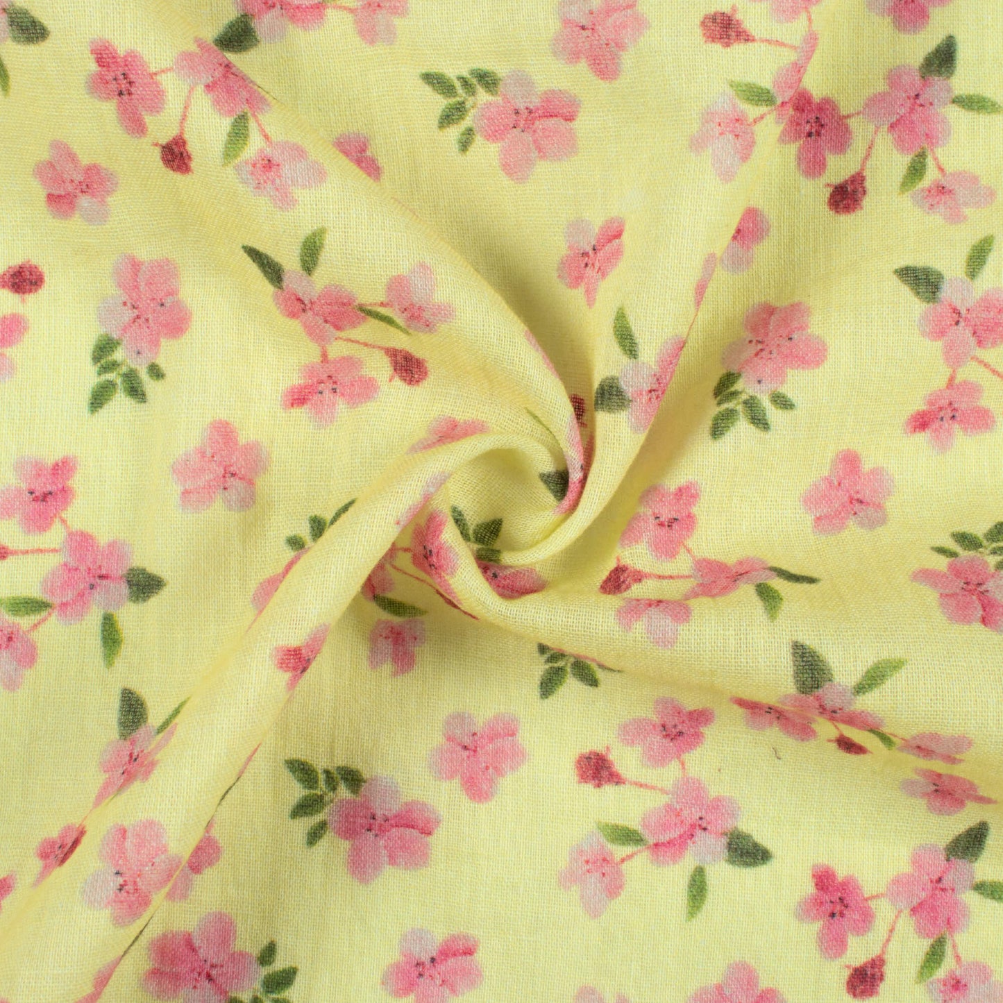 Lemon Yellow And Baby Pink Floral Pattern Digital Print Pure Cotton Mulmul Fabric