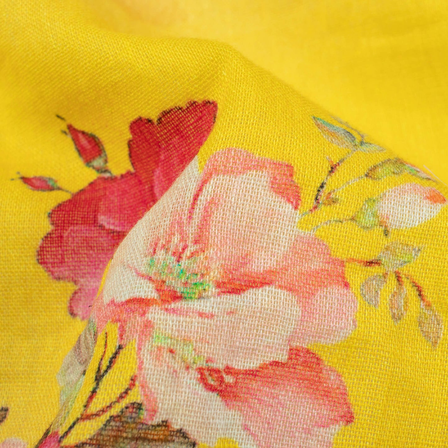 Pineapple Yellow And Pink Floral Pattern Digital Print Pure Cotton Mulmul Fabric