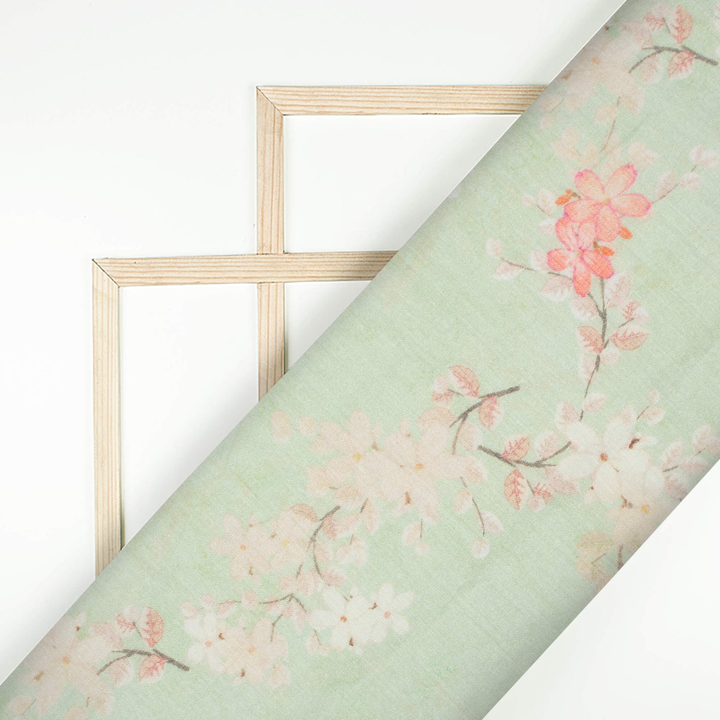 Tea Green And Pink Floral Pattern Digital Print Pure Cotton Mulmul Fabric