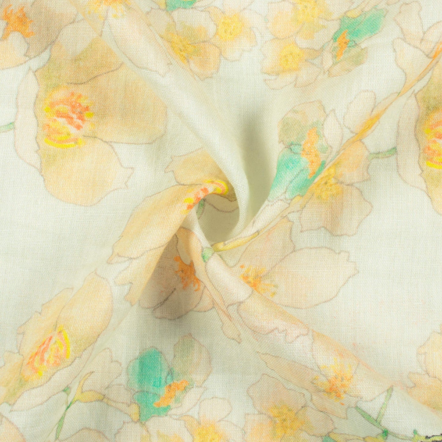 Off White And Oat Beige Floral Pattern Digital Print Pure Cotton Mulmul Fabric