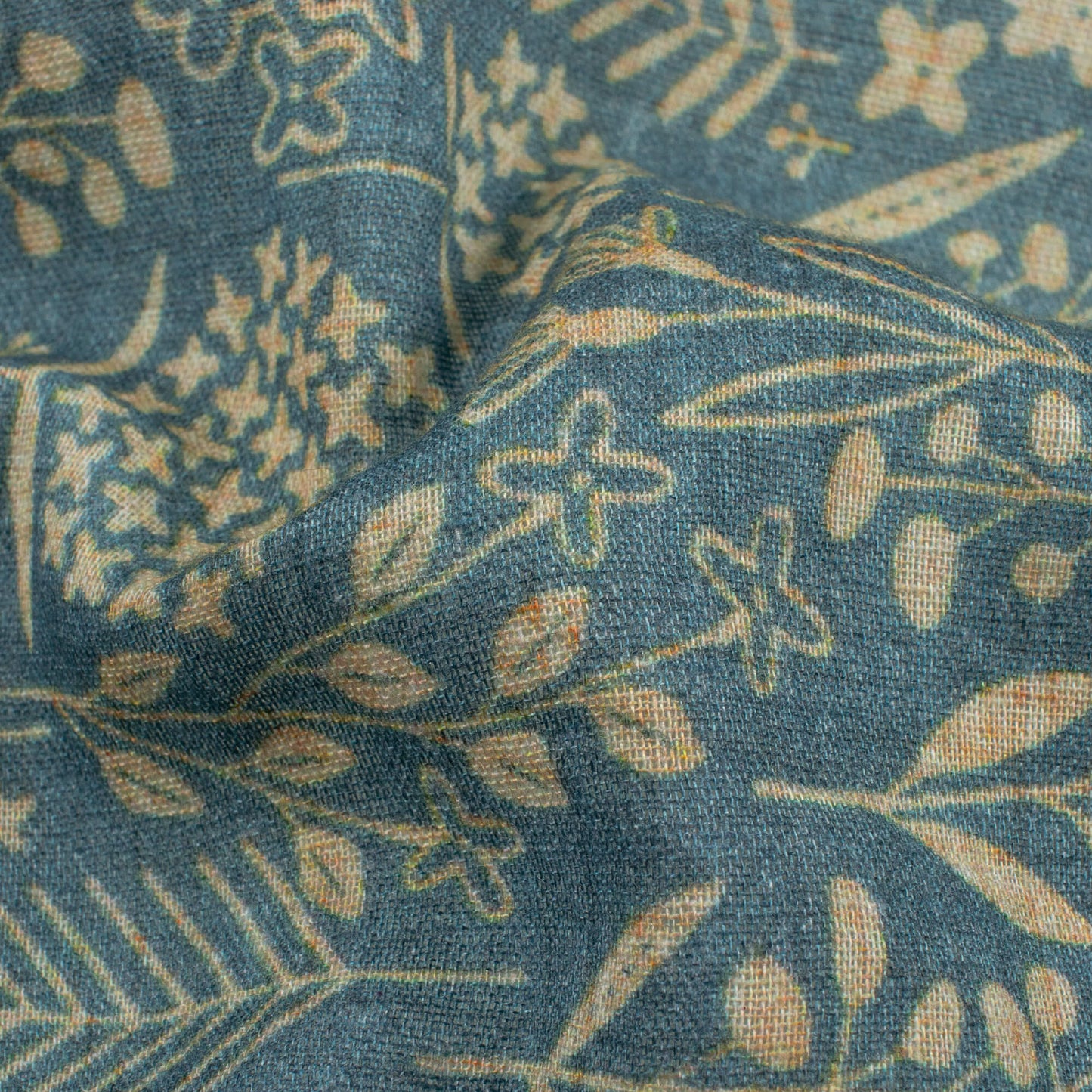 Beyox Blue And Beige Floral Pattern Digital Print Pure Cotton Mulmul Fabric