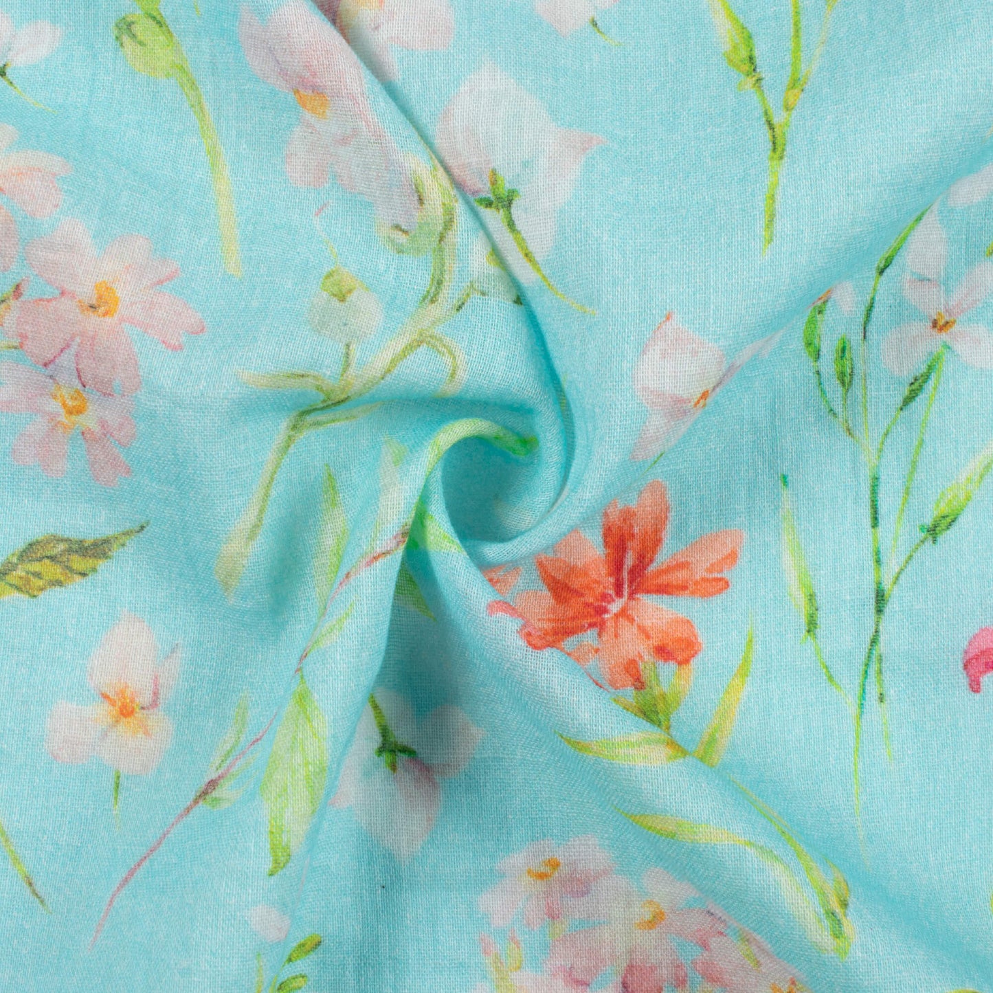 Sky Blue And Baby Pink Floral Pattern Digital Print Pure Cotton Mulmul Fabric