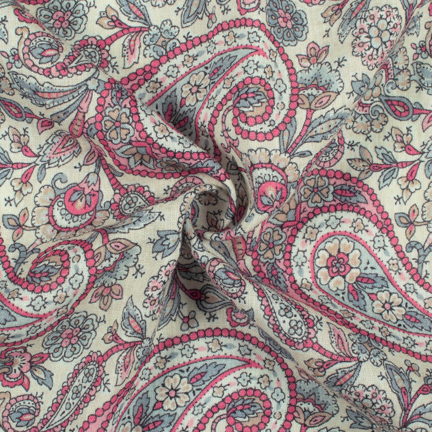 Cream and Pink Paisley Pattern Digital Print Pure Cotton Mulmul Fabric