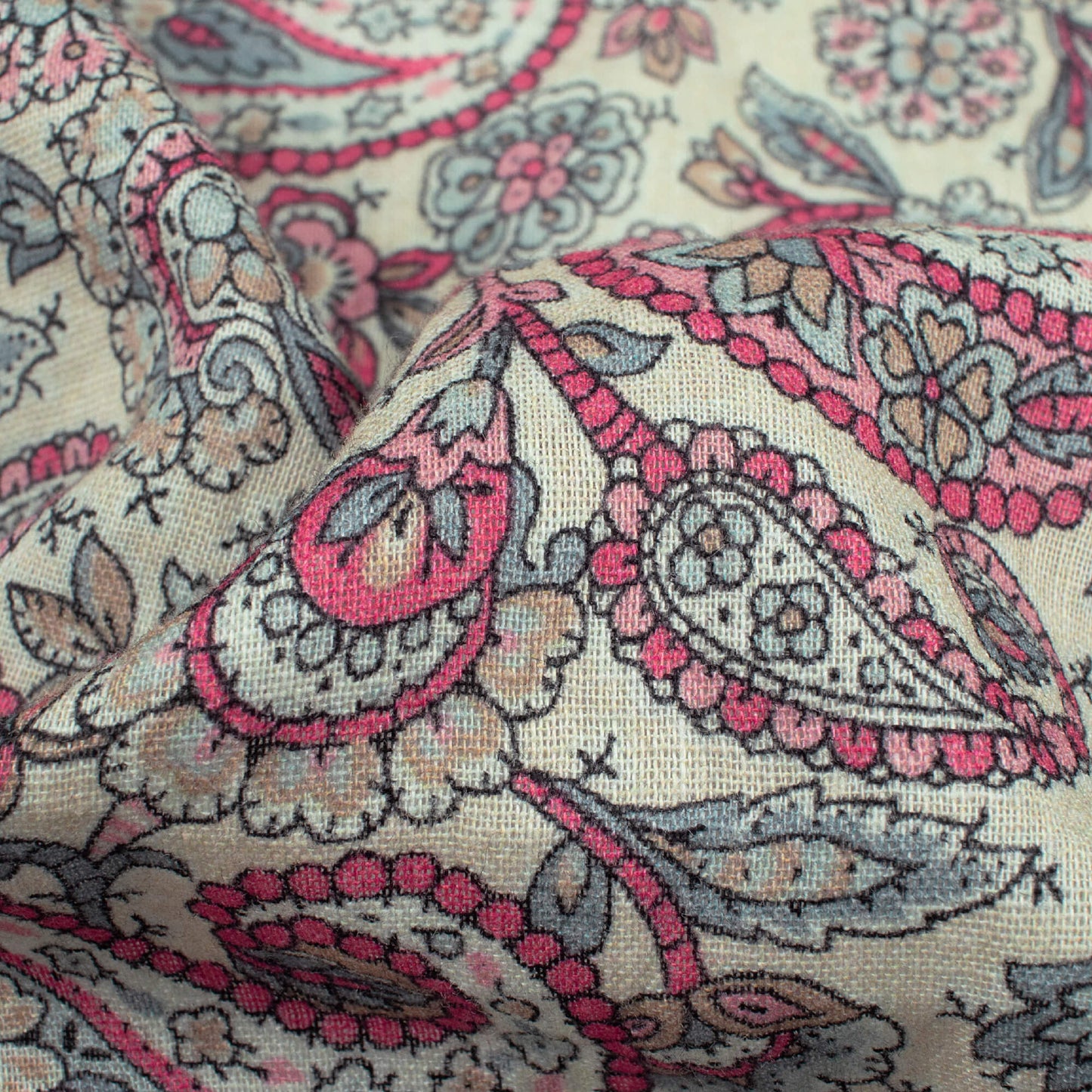 Cream and Pink Paisley Pattern Digital Print Pure Cotton Mulmul Fabric