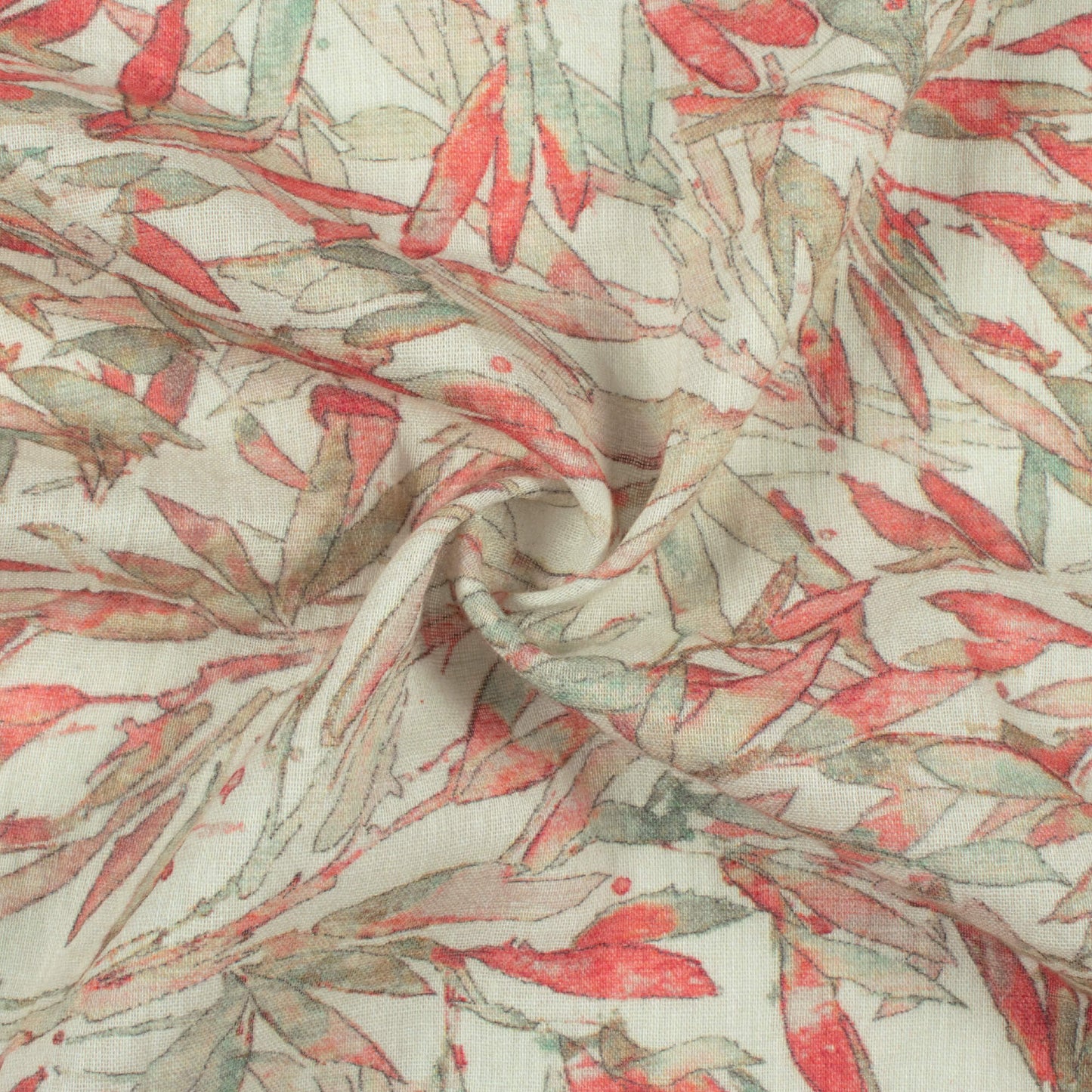 Cream and Red Leaf Pattern Digital Print Pure Cotton Mulmul Fabric