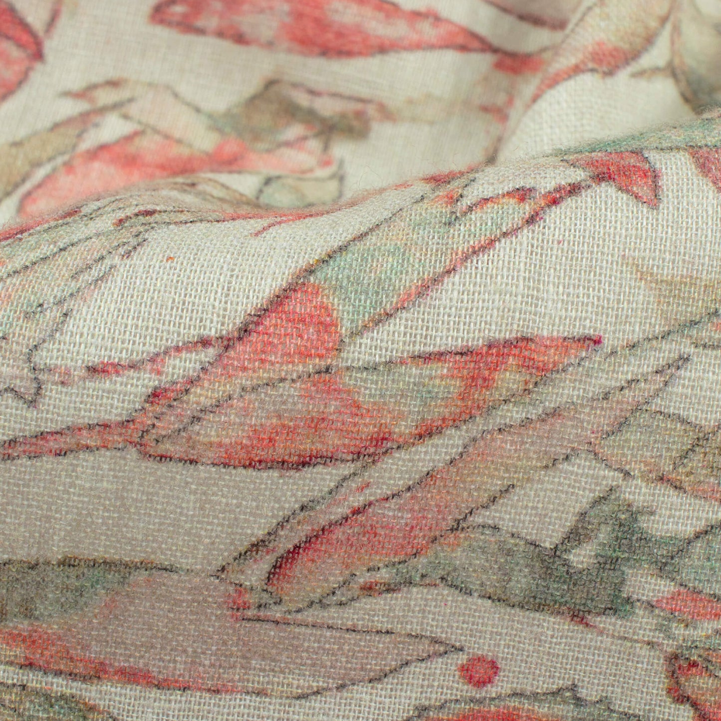 Cream and Red Leaf Pattern Digital Print Pure Cotton Mulmul Fabric