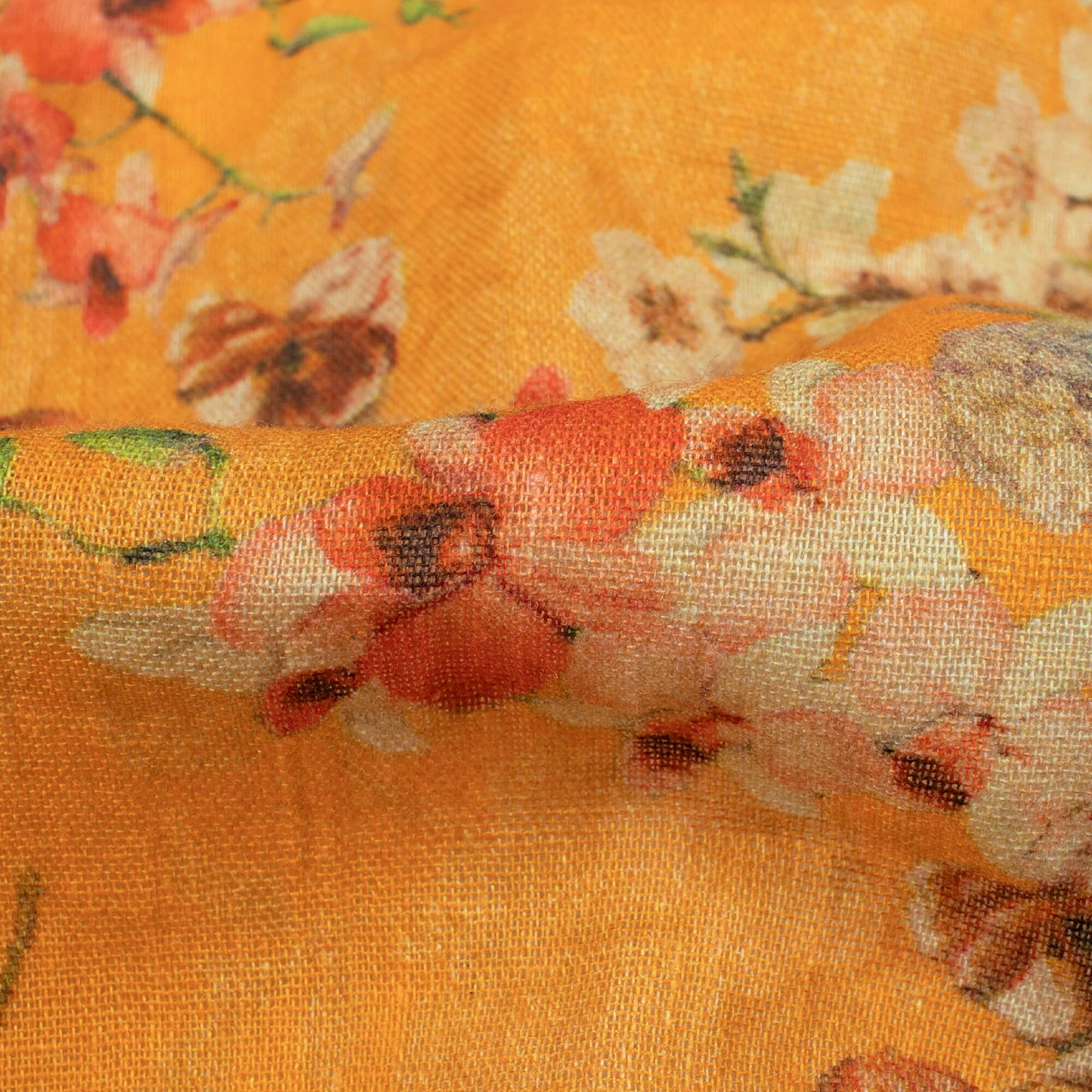 Honey Yellow And Cream Floral Pattern Digital Print Pure Cotton Mulmul Fabric